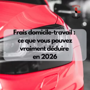 Visuel Santiris Compta illustrant les frais de déplacement domicile-travail en BNC 2026 pour les professionnels de santé libéraux, avec une voiture rouge et un message sur les frais déductibles en comptabilité.