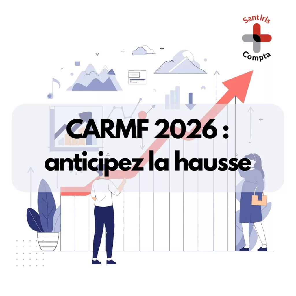 Illustration montrant une flèche rouge ascendante symbolisant l’augmentation des cotisations CARMF en 2026, avec un professionnel de santé observant la progression, accompagnée du logo Santiris Compta.