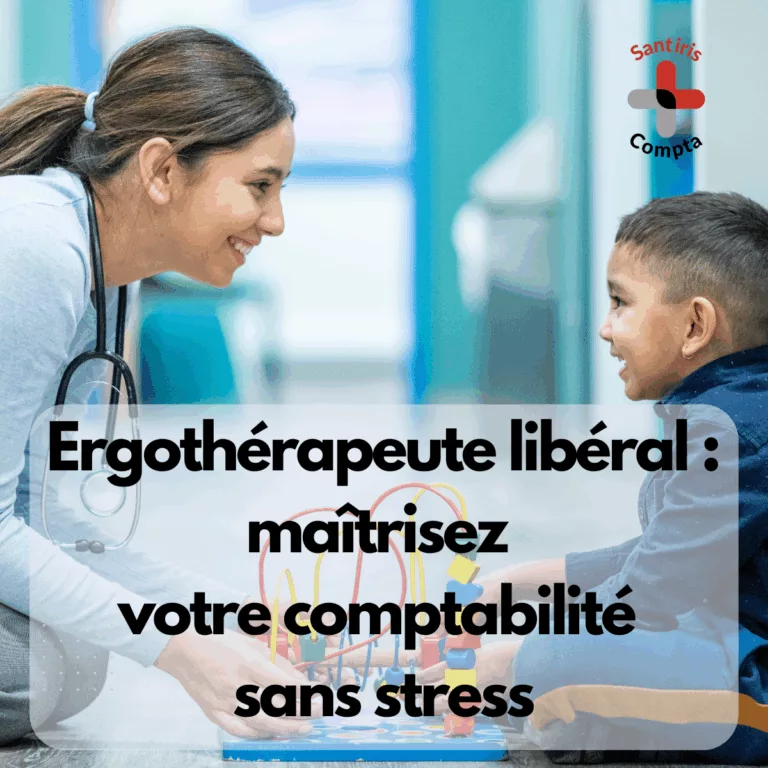 Image illustrant une ergothérapeute libérale souriante accompagnant un enfant dans un cabinet de soins, avec le texte “Ergothérapeute libéral : maîtrisez votre comptabilité sans stress” et le logo Santiris Compta. Visuel professionnel symbolisant l’accompagnement comptable des professionnels de santé libéraux.