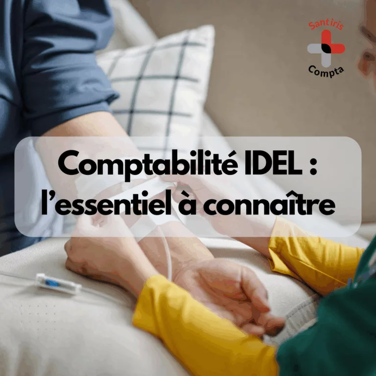 comptabilité infirmier libéral : Infirmier libéral posant un pansement à un patient, avec le titre “Comptabilité IDEL : l’essentiel à connaître” et le logo Santiris Compta, visuel destiné à expliquer les obligations comptables des infirmiers libéraux.