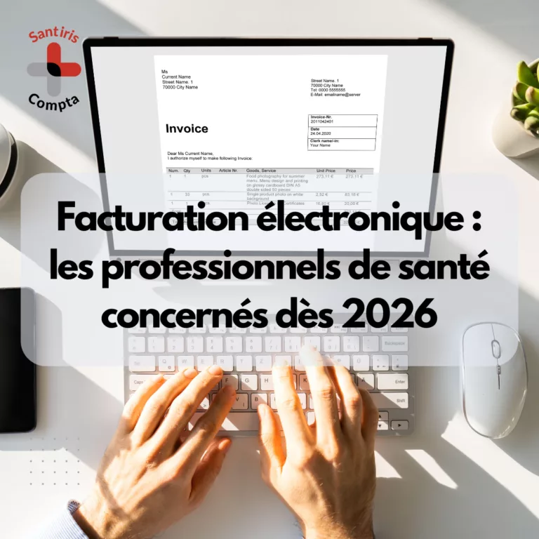 Facturation électronique professionnels de santé : illustration d’une facture numérique sur ordinateur, symbolisant les obligations de facturation électronique applicables aux professionnels de santé libéraux dès 2026.