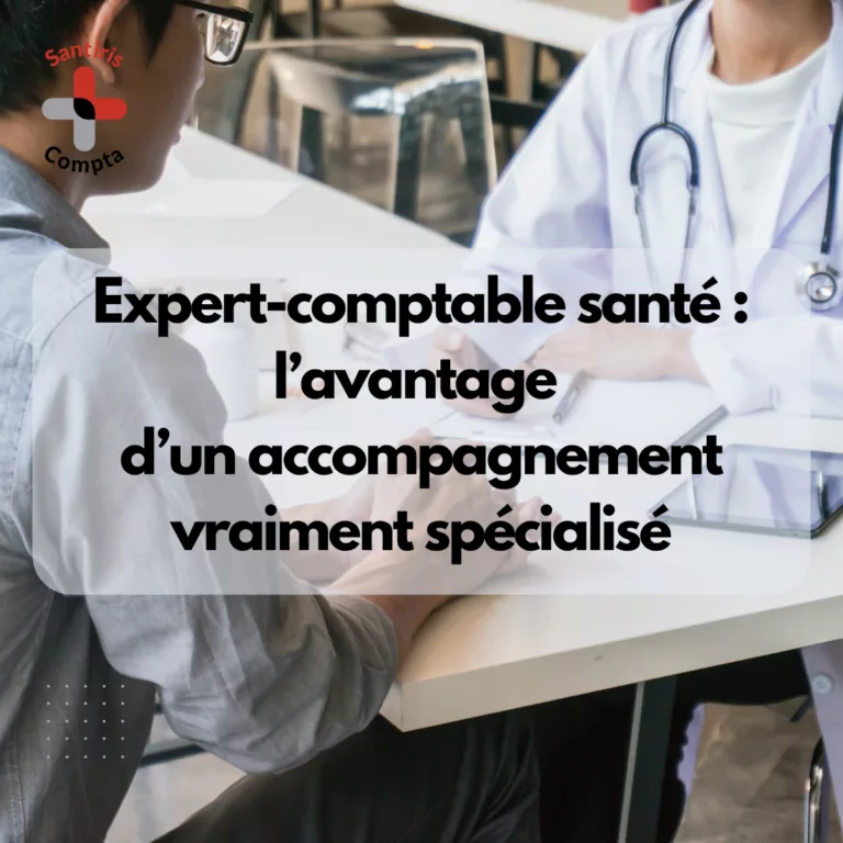 Expert-comptable pour professionnels de santé : visuel montrant un soignant en consultation avec un conseiller, illustrant l’intérêt d’un accompagnement comptable spécialisé pour sécuriser la comptabilité BNC et la gestion fiscale des professionnels de santé libéraux – Santiris Compta.