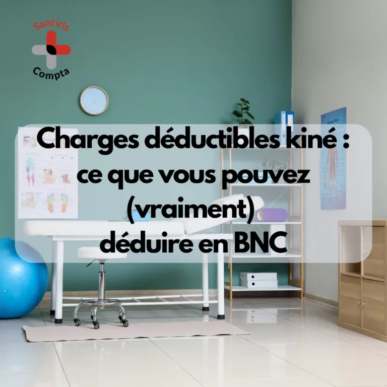 Cabinet de kinésithérapeute avec table de soins et matériel professionnel, visuel illustrant les charges déductibles kiné en BNC et les dépenses professionnelles pouvant être déduites par un kinésithérapeute libéral.