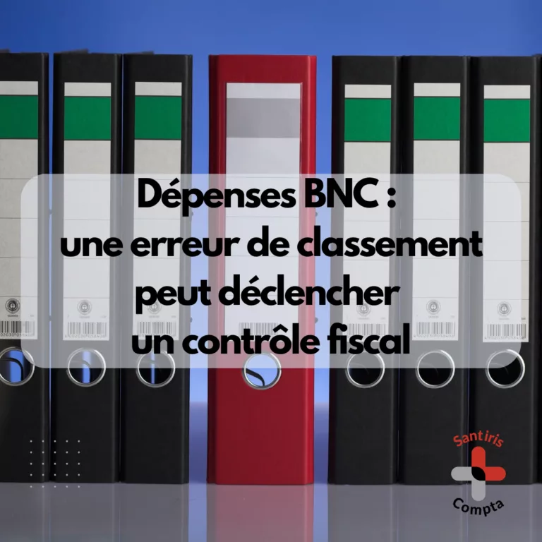 llustration représentant des classeurs comptables, dont un rouge mis en évidence, avec le texte “Dépenses BNC : une erreur de classement peut déclencher un contrôle fiscal”, illustrant les enjeux du classement des dépenses BNC, les risques de redressement et la sécurisation de la déclaration 2035.