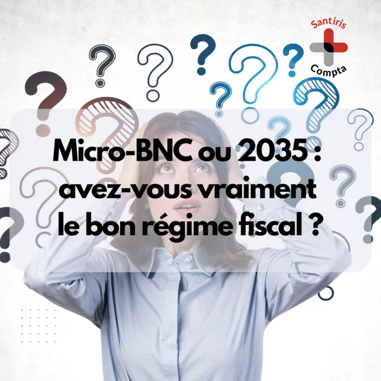 Illustration représentant une professionnelle de santé hésitante entourée de points d’interrogation, avec le texte « Micro-BNC ou 2035 : avez-vous vraiment le bon régime fiscal ? », illustrant le choix entre micro BNC ou 20235 pour les professionnels de santé libéraux, accompagnés par Santiris Compta.